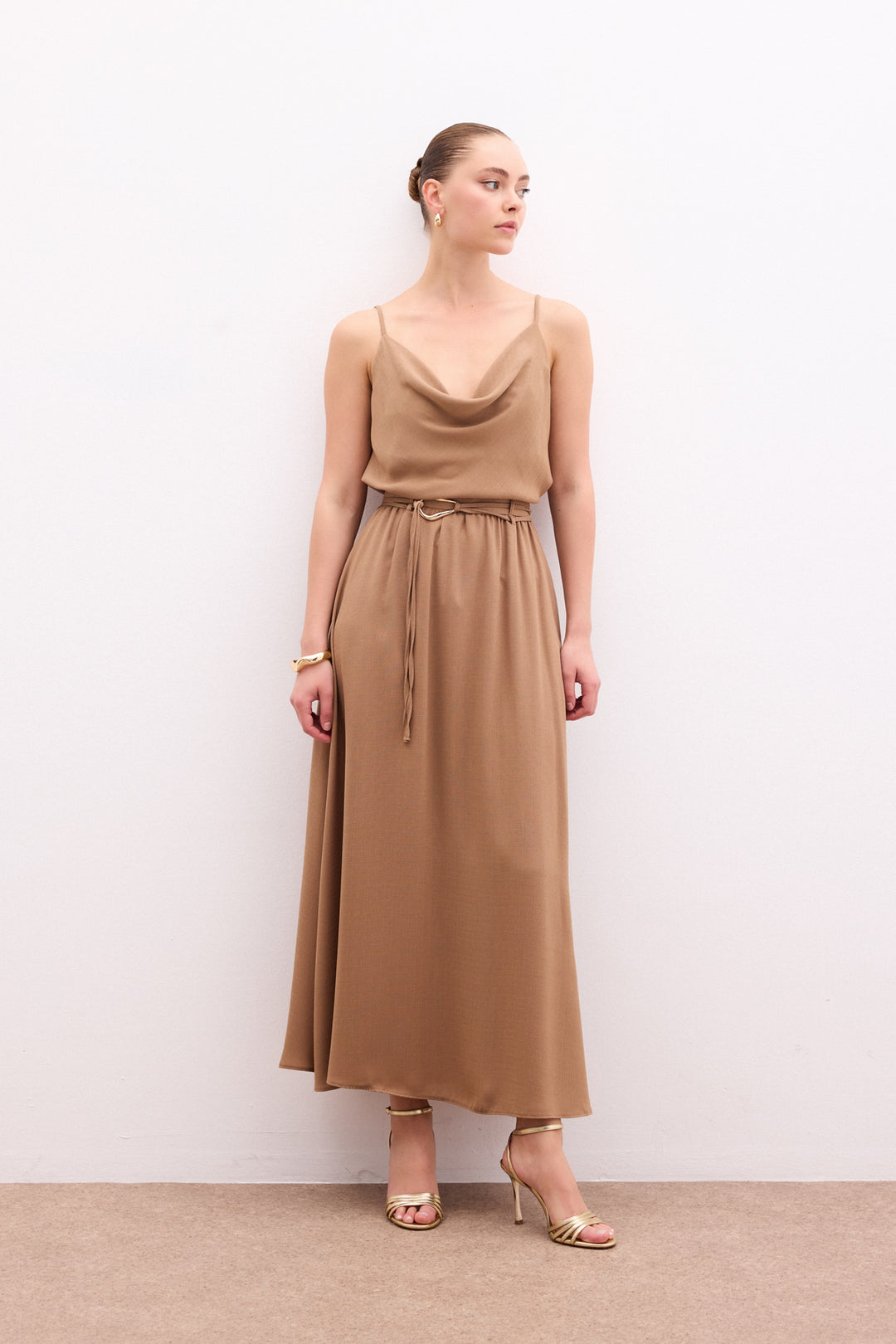 Sateen Jupe longue ceinturée - Vison