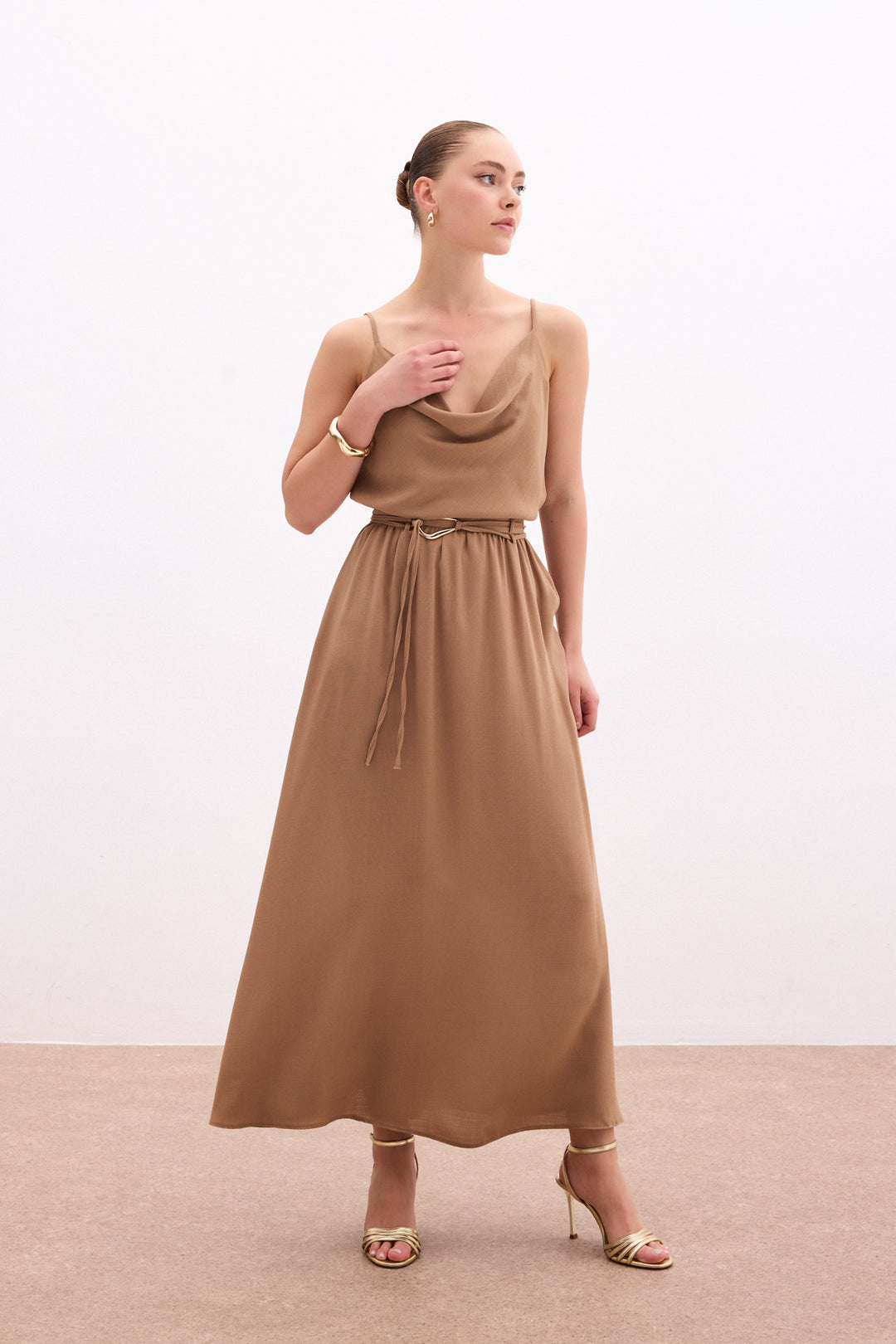 Sateen Jupe longue ceinturée - Vison