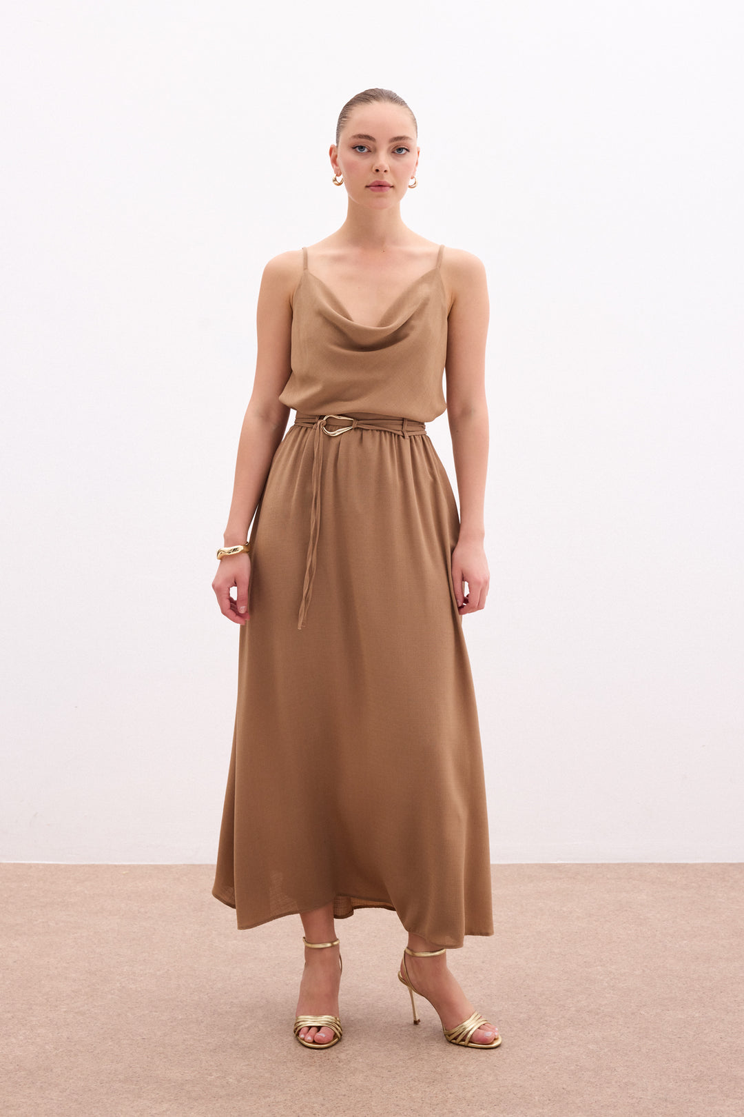 Sateen Jupe longue ceinturée - Vison