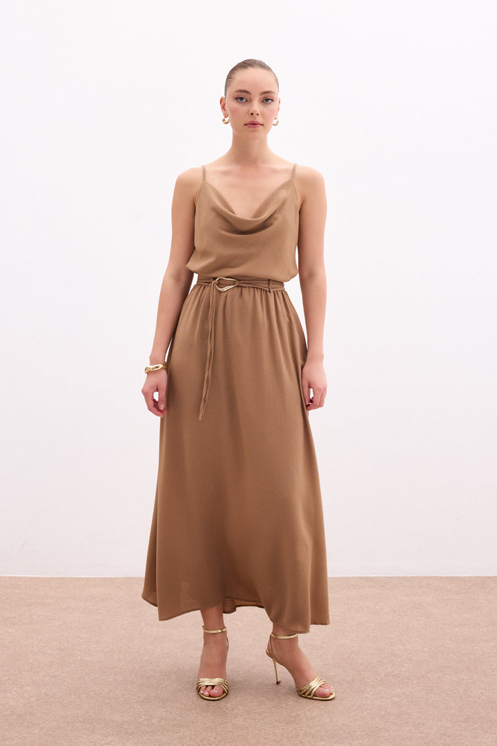 Sateen Jupe longue ceinturée - Vison