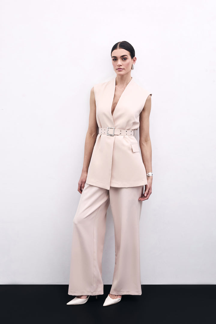 Sateen Gilet Long Ceinturé - Beige