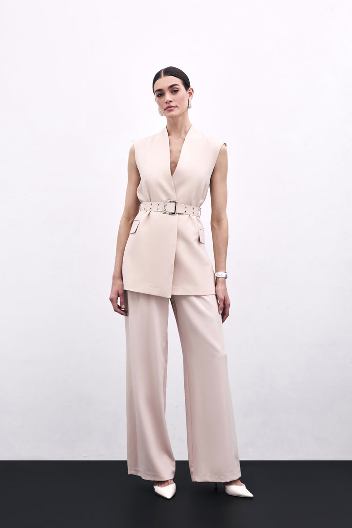 Sateen Gilet Long Ceinturé - Beige