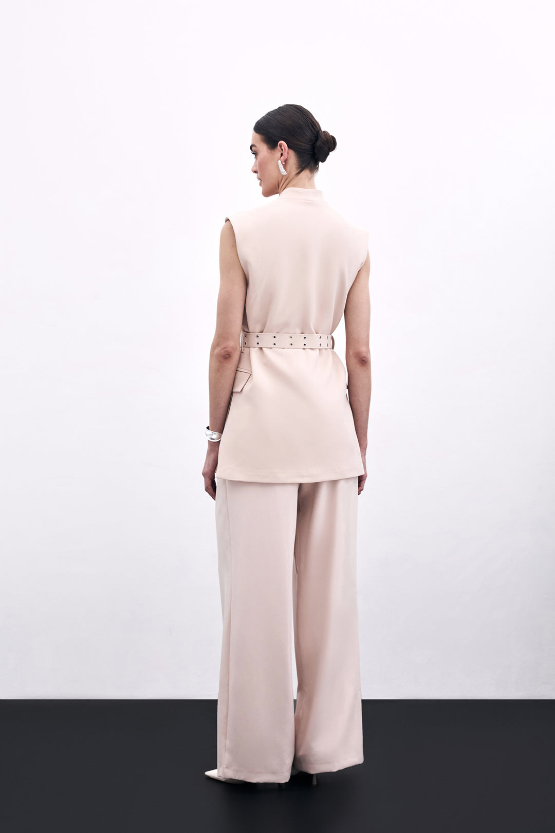 Sateen Gilet Long Ceinturé - Beige