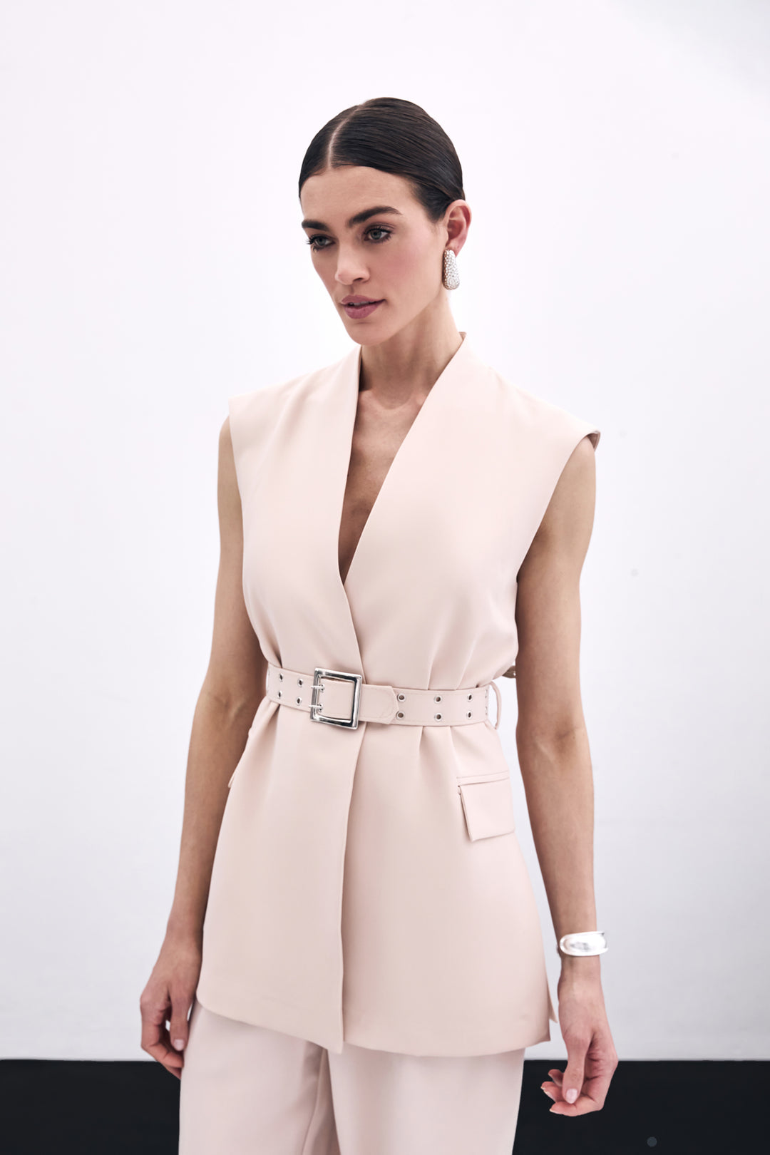Sateen Gilet Long Ceinturé - Beige