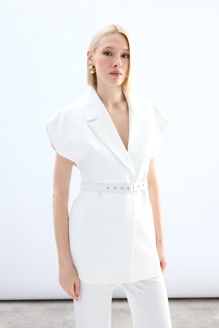 Sateen Gilet long ceinturé - Écru