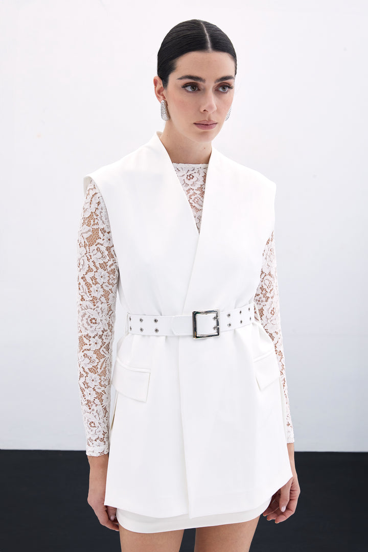 Sateen Gilet Long Ceinturé - Écru