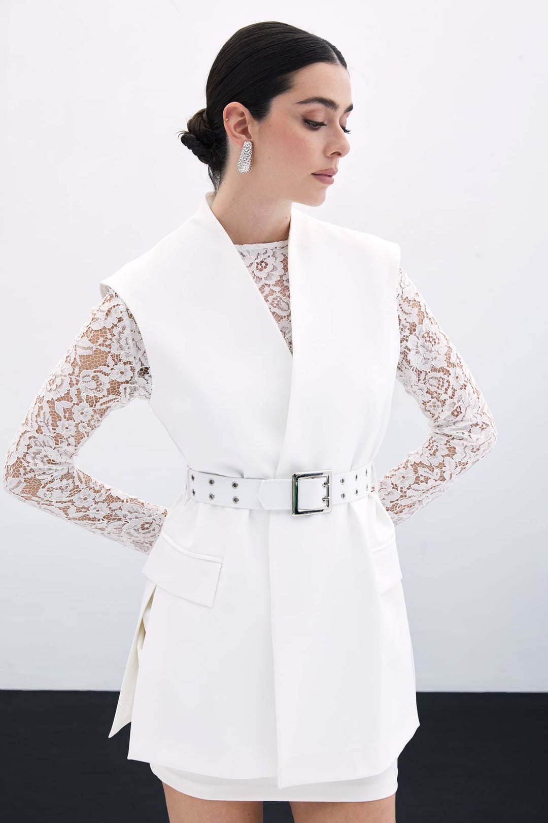 Sateen Gilet Long Ceinturé - Écru