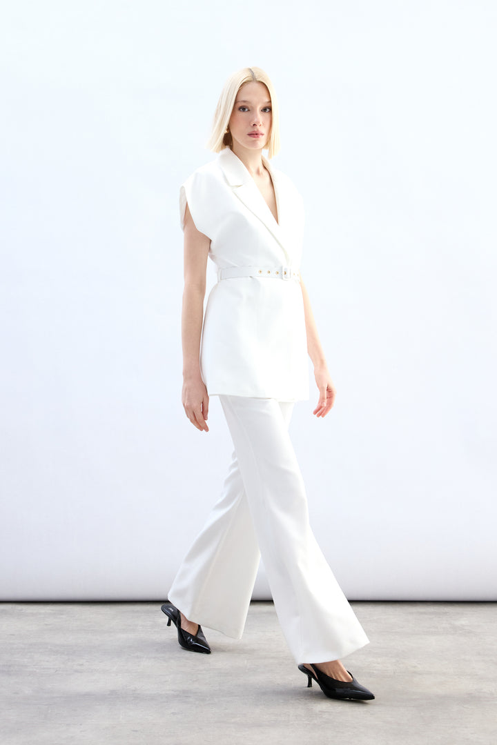 Sateen Gilet long ceinturé - Écru