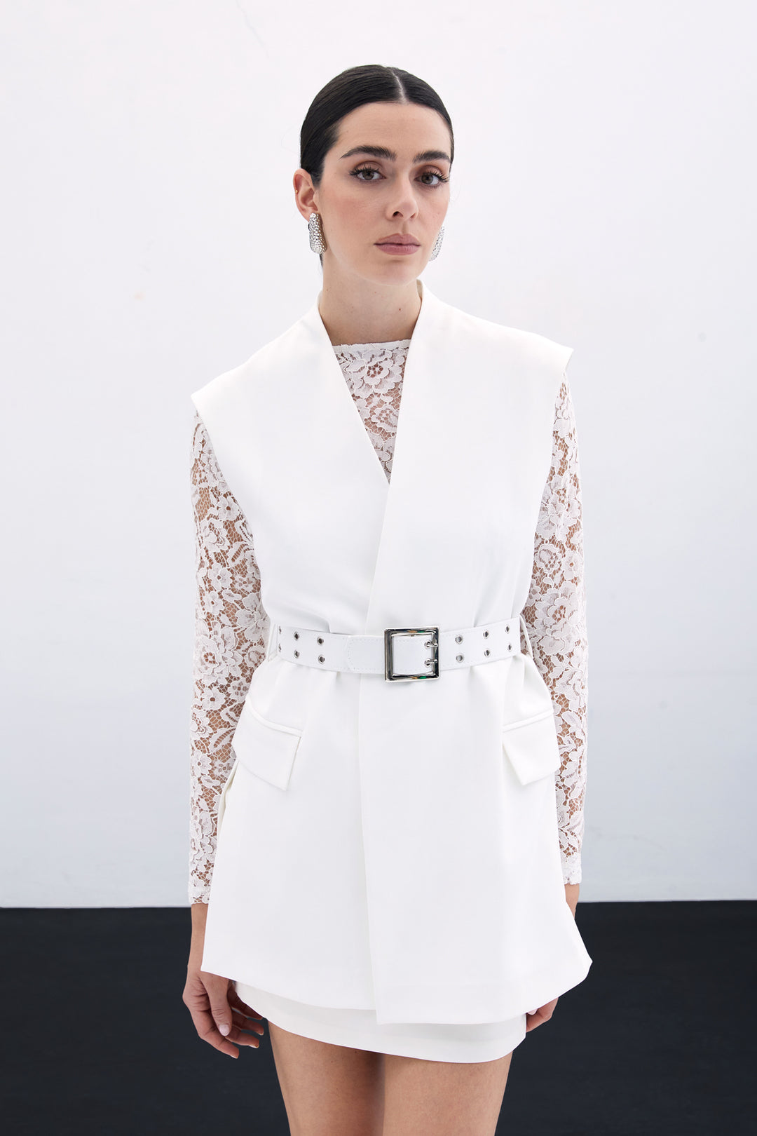 Sateen Gilet Long Ceinturé - Écru