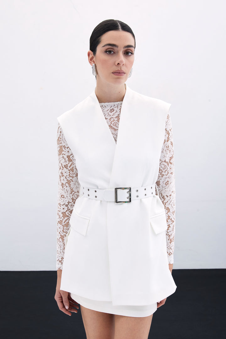 Sateen Gilet Long Ceinturé - Écru