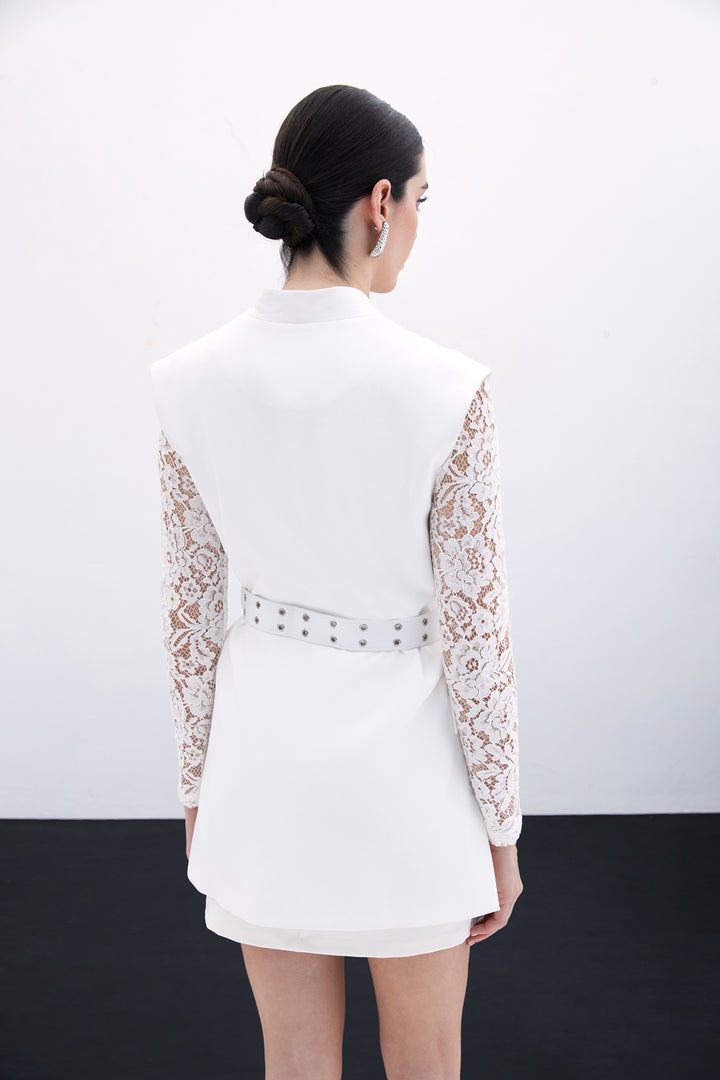 Sateen Gilet Long Ceinturé - Écru