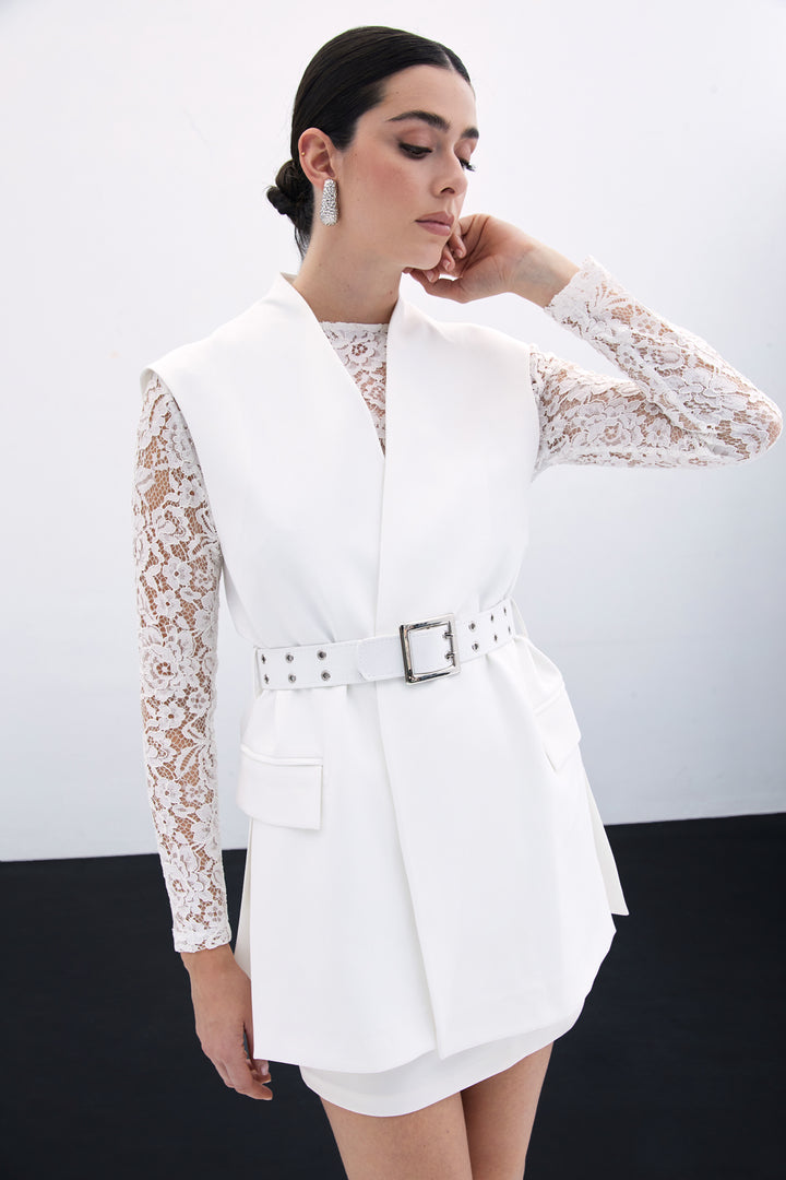 Sateen Gilet Long Ceinturé - Écru