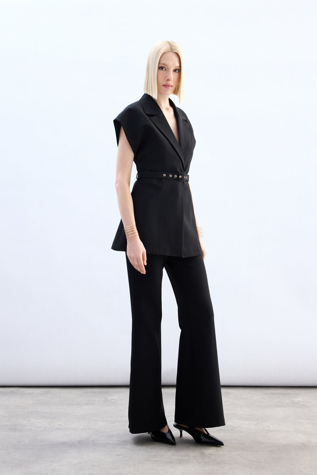 Sateen Gilet long ceinturé - Noir