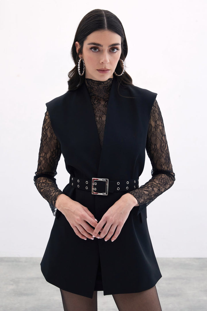 Sateen Gilet Long Ceinturé - Noir