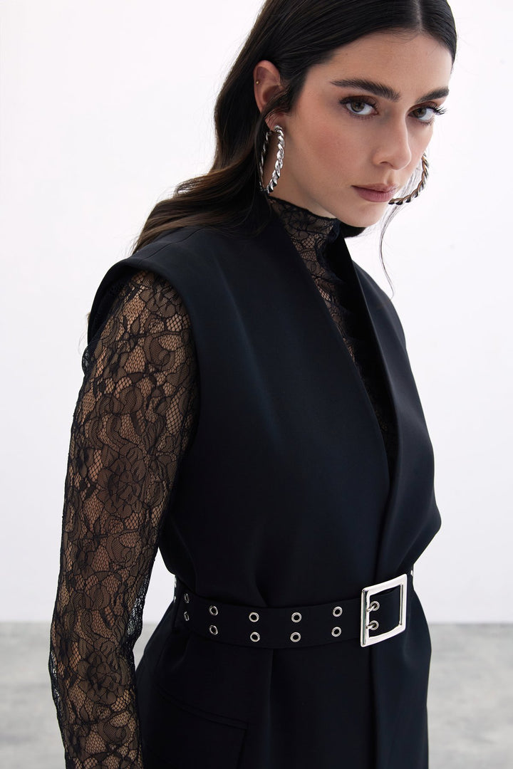 Sateen Gilet Long Ceinturé - Noir