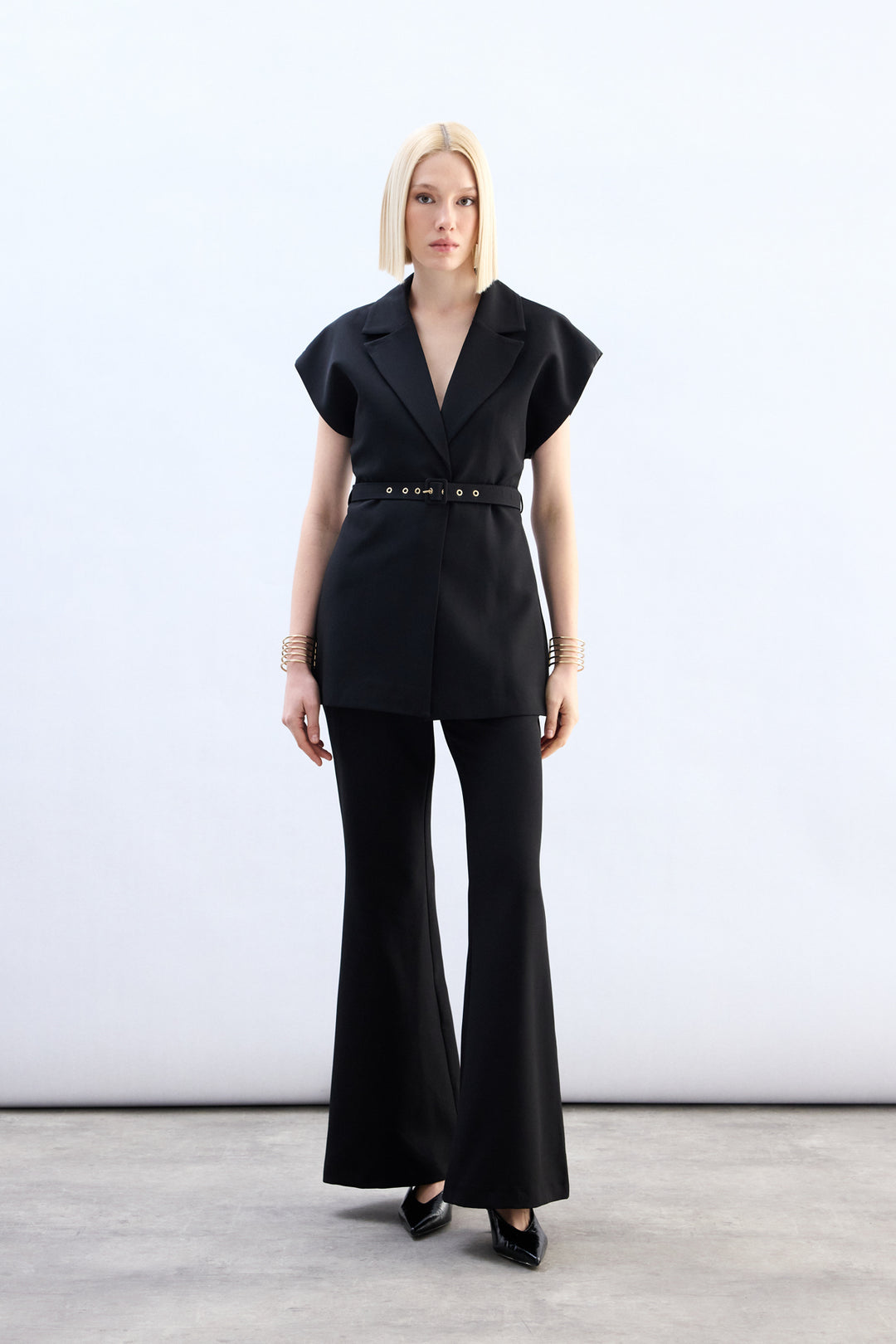 Sateen Gilet long ceinturé - Noir