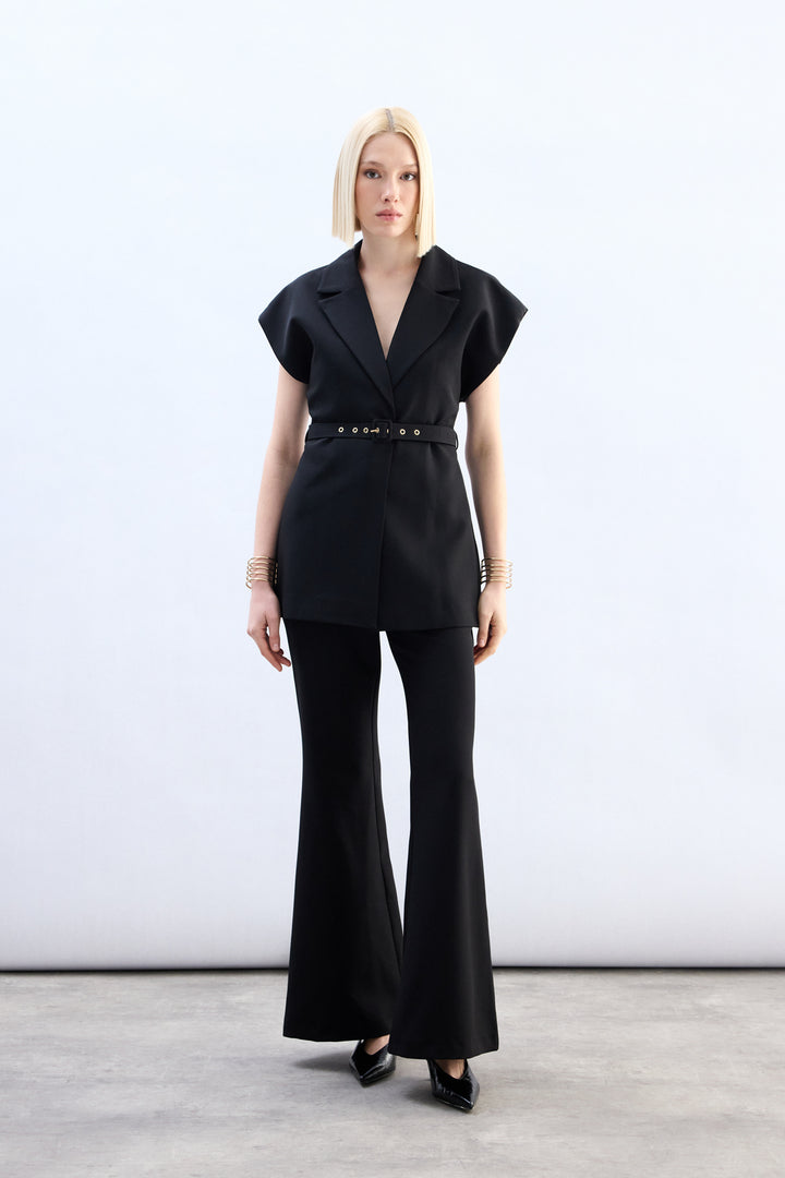 Sateen Gilet long ceinturé - Noir