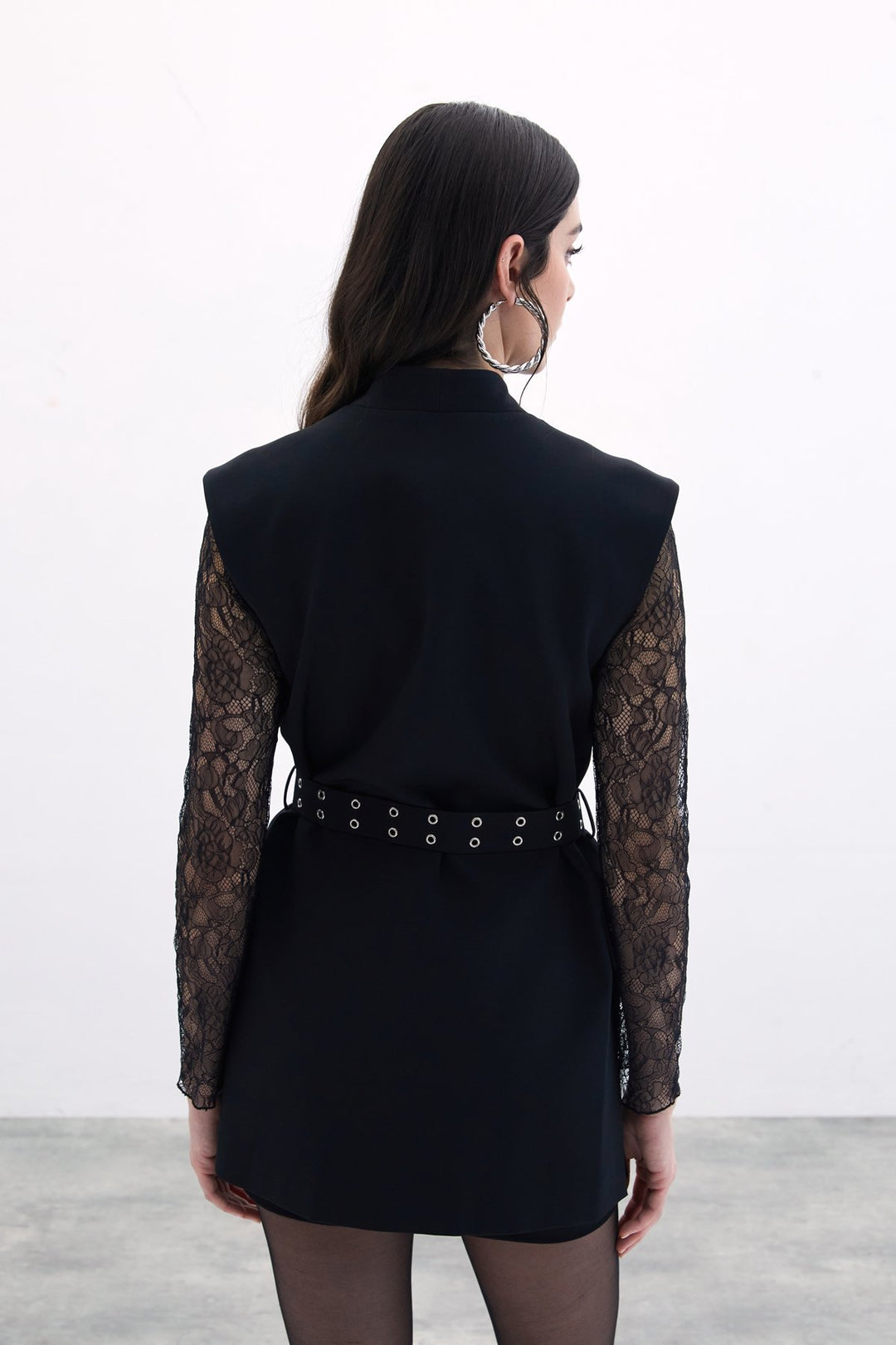 Sateen Gilet Long Ceinturé - Noir