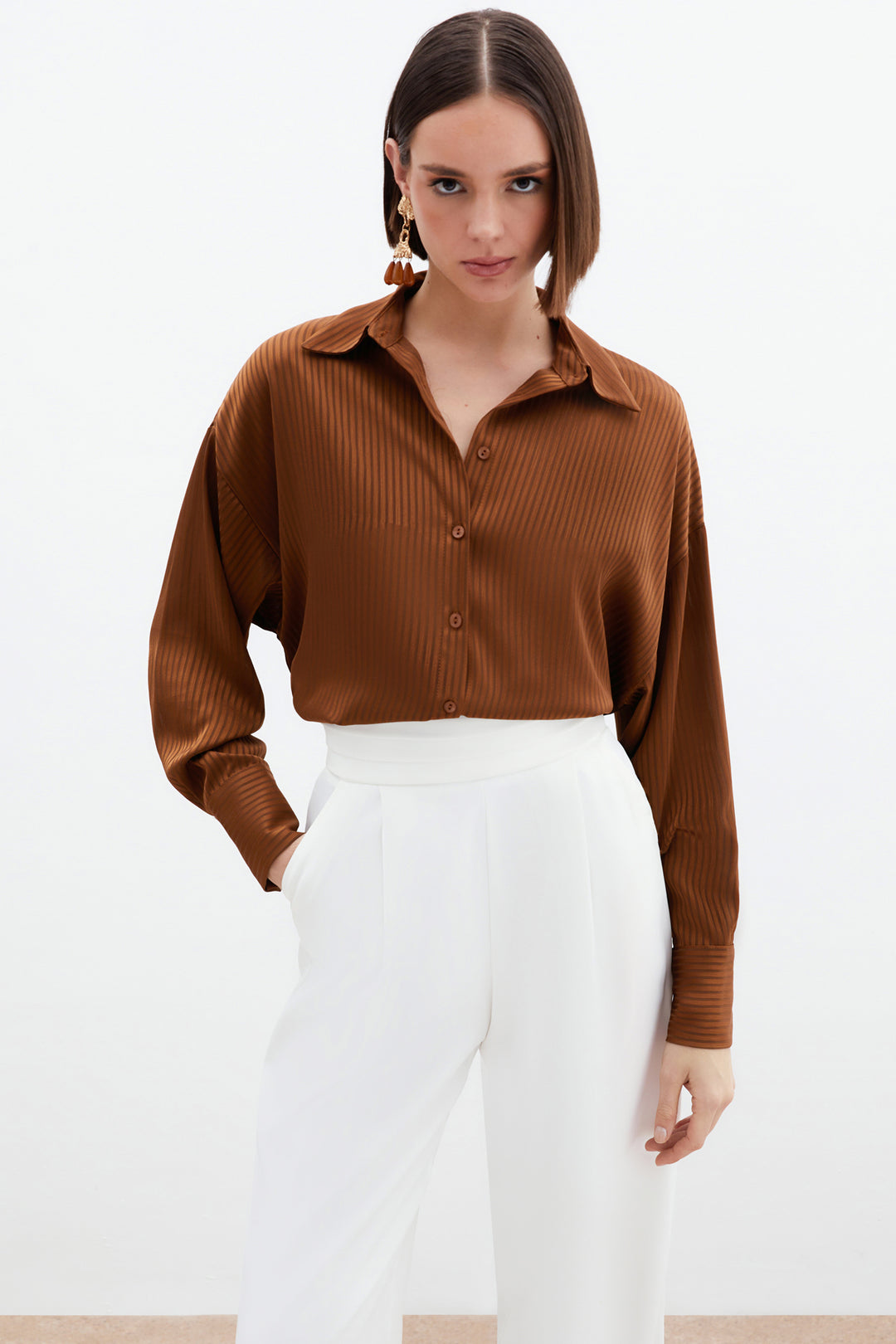 Sateen Chemise à Rayures Texturées - Marron