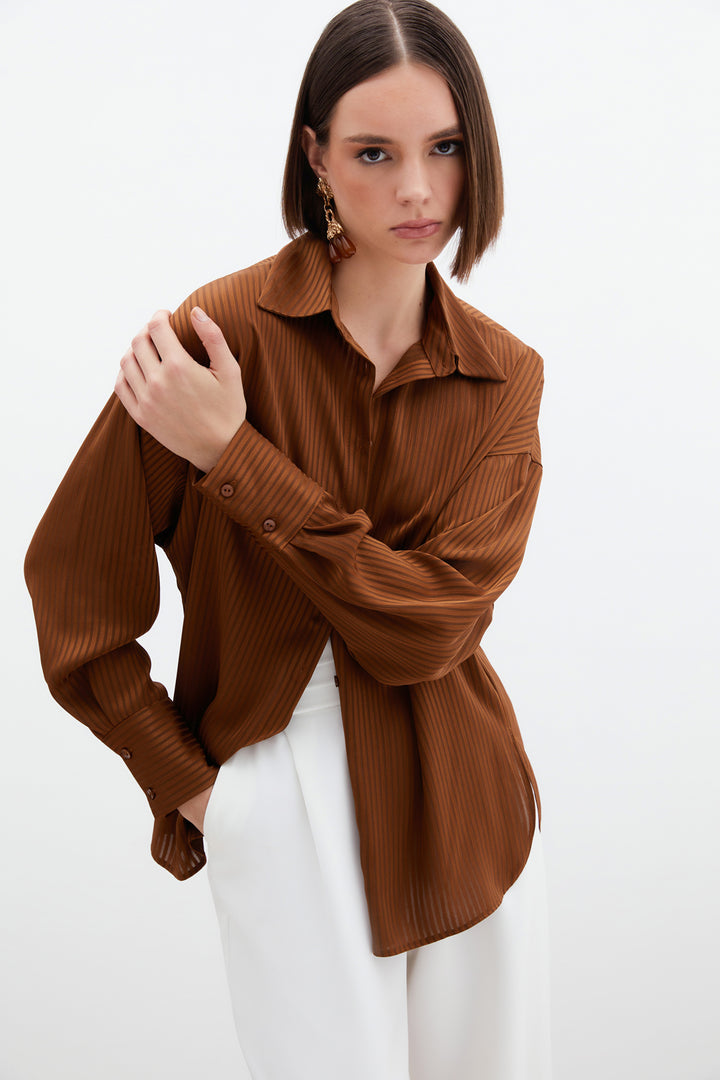 Sateen Chemise à Rayures Texturées - Marron