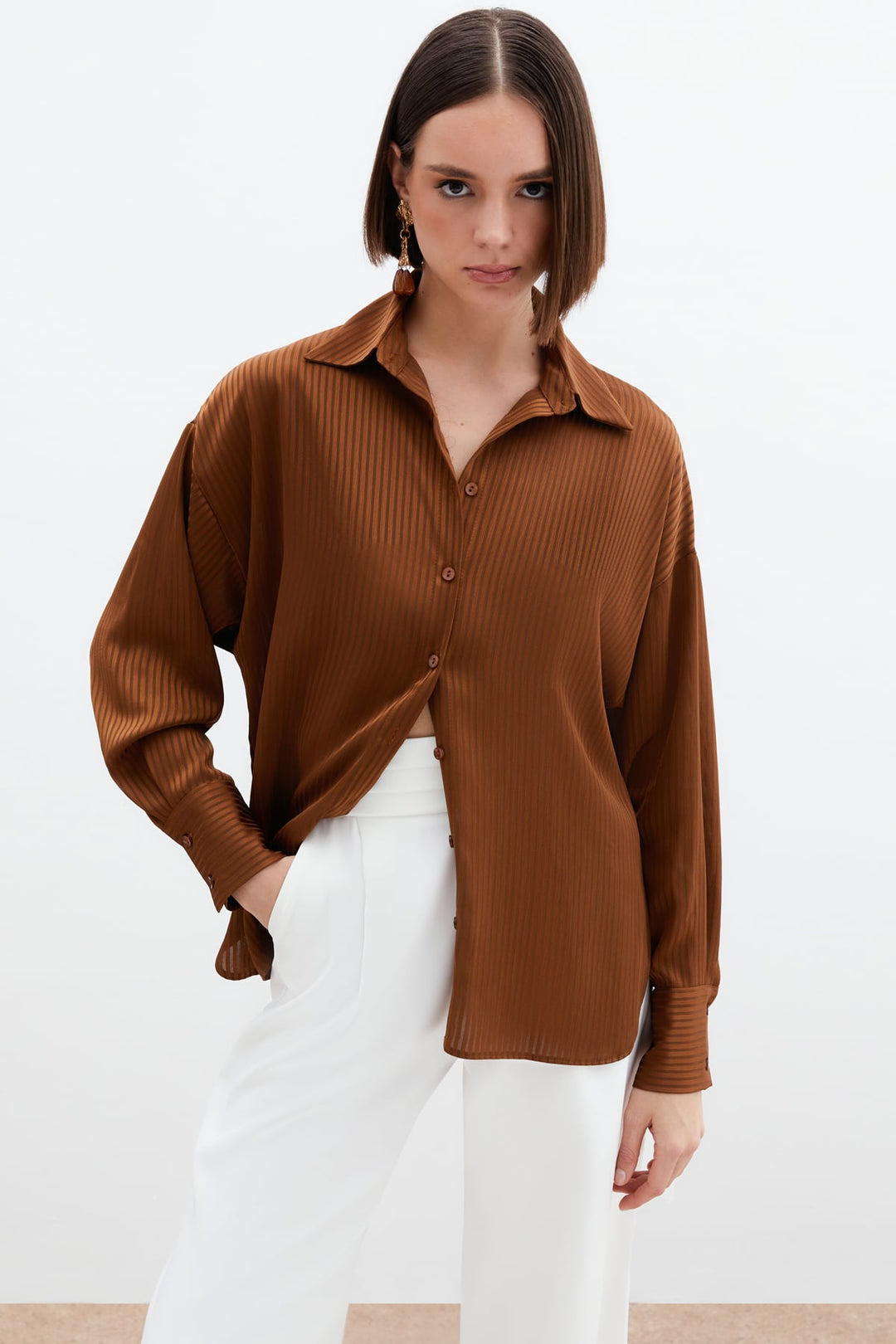 Sateen Chemise à Rayures Texturées - Marron