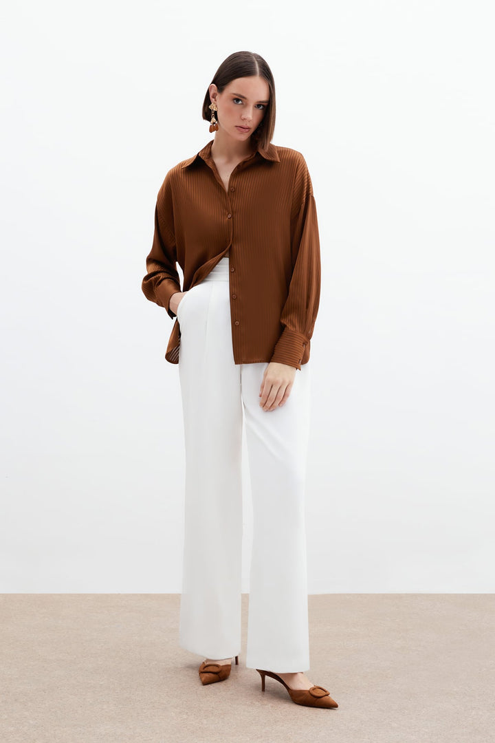 Sateen Chemise à Rayures Texturées - Marron