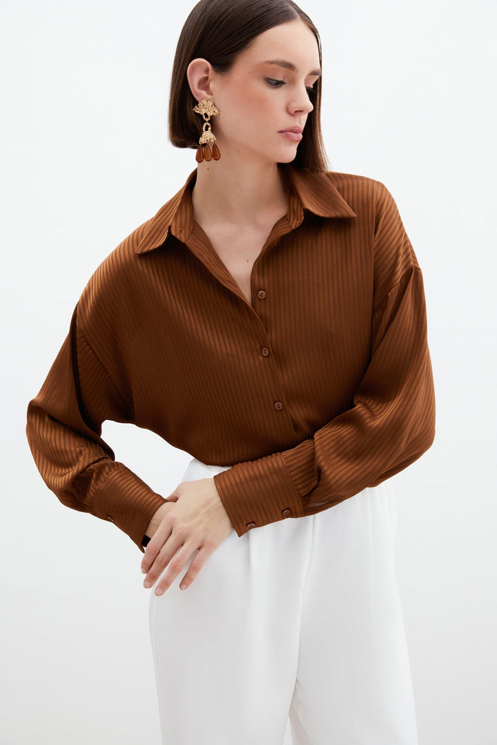 Sateen Chemise à Rayures Texturées - Marron
