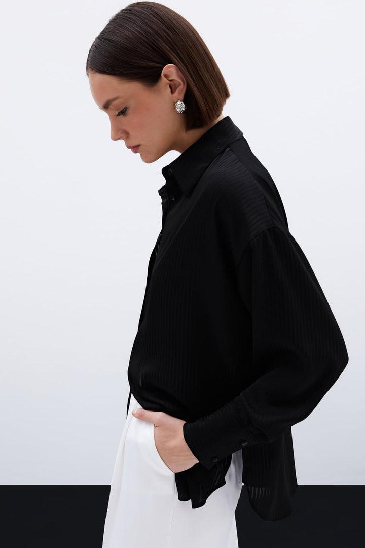 Sateen Chemise à Rayures Texturées - Noir