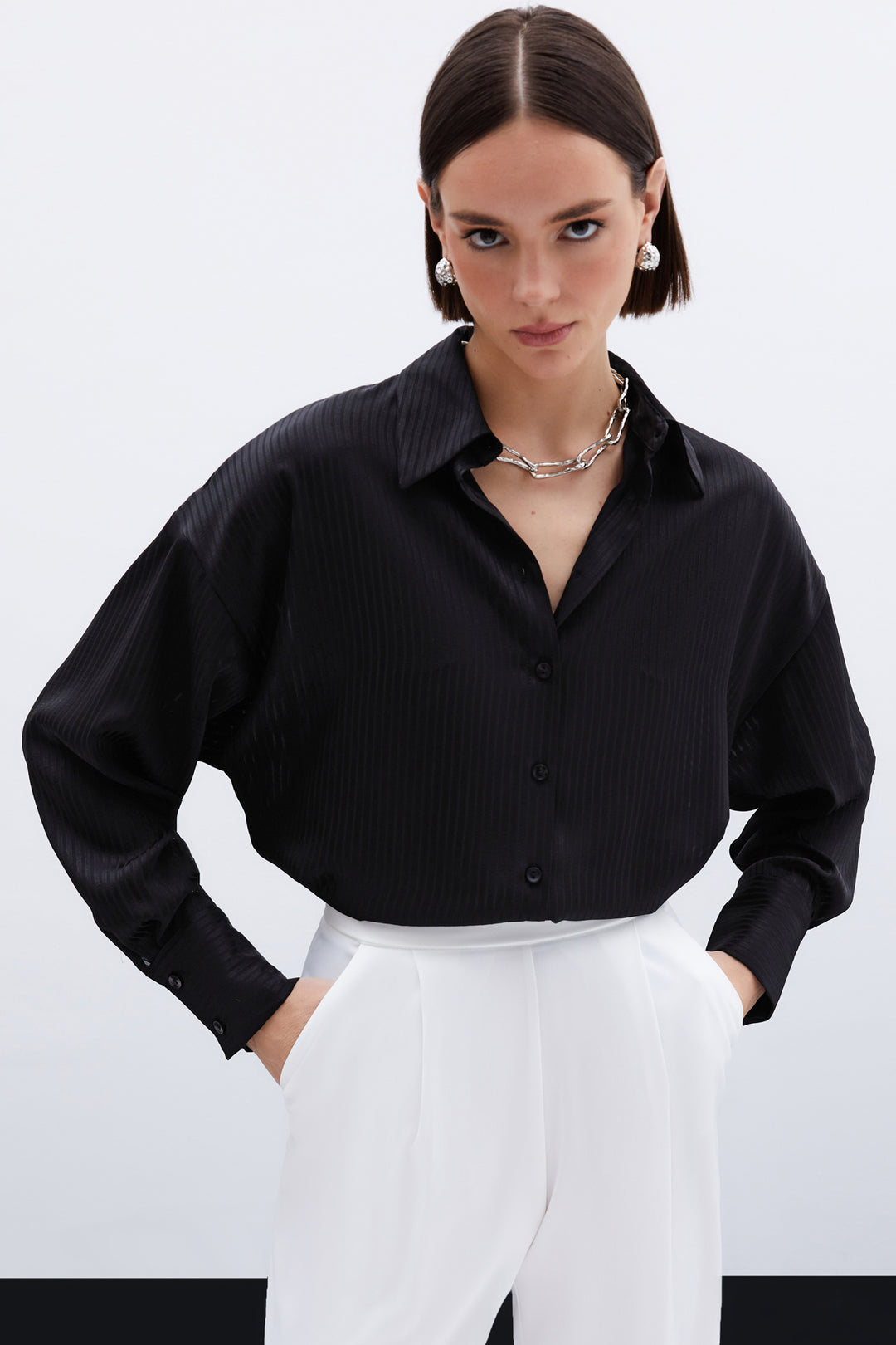 Sateen Chemise à Rayures Texturées - Noir