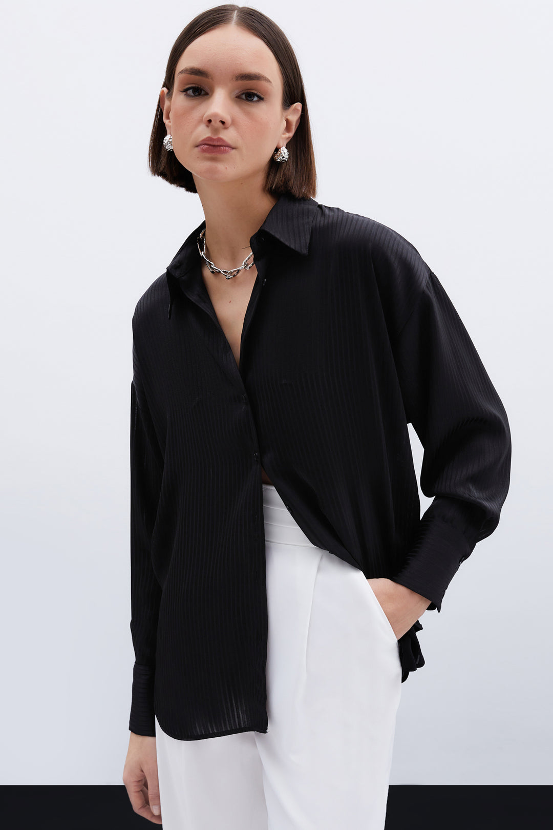 Sateen Chemise à Rayures Texturées - Noir