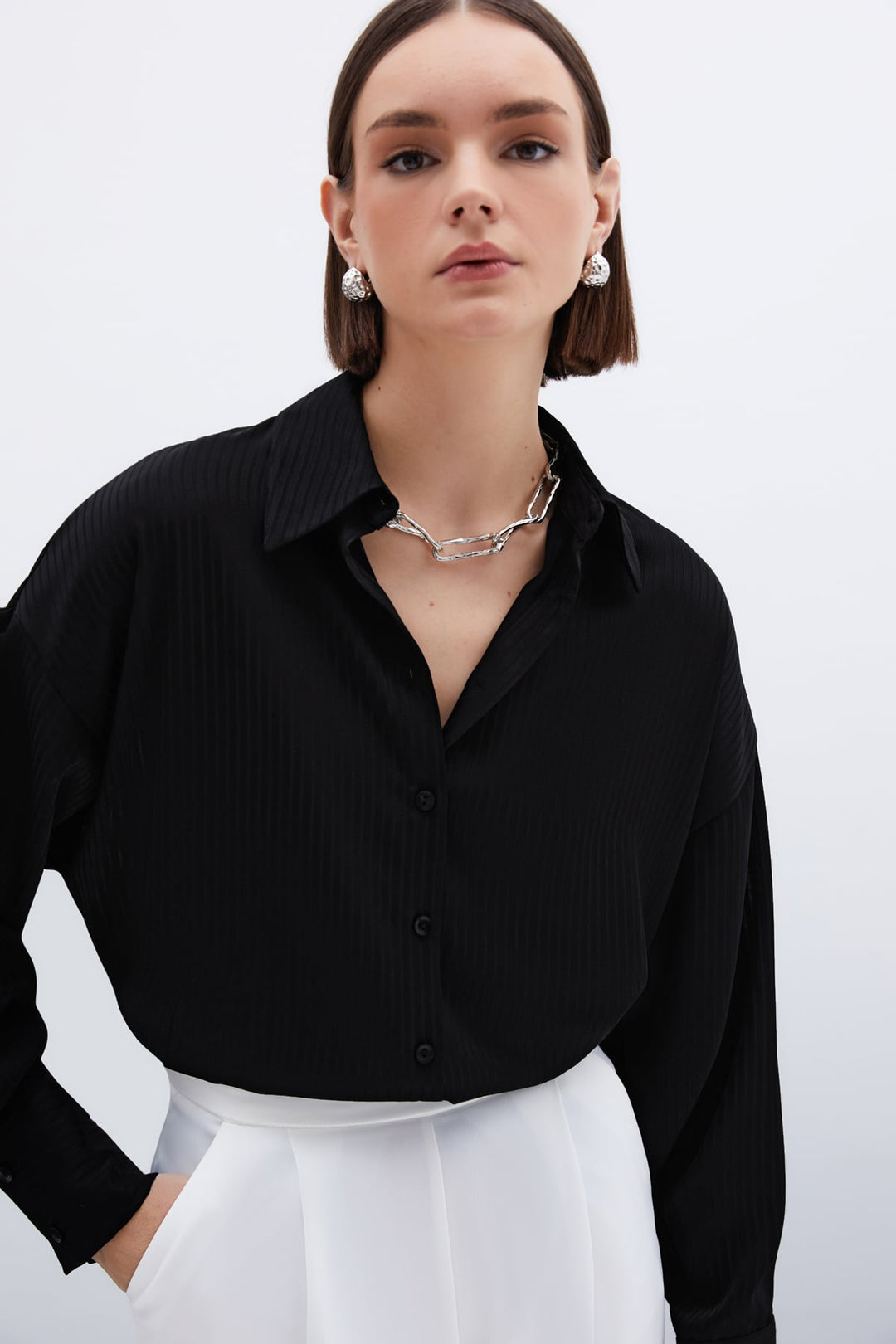 Sateen Chemise à Rayures Texturées - Noir