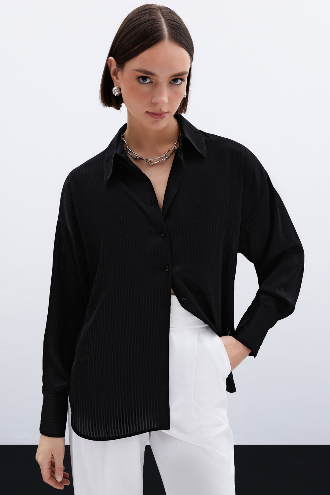 Sateen Chemise à Rayures Texturées - Noir