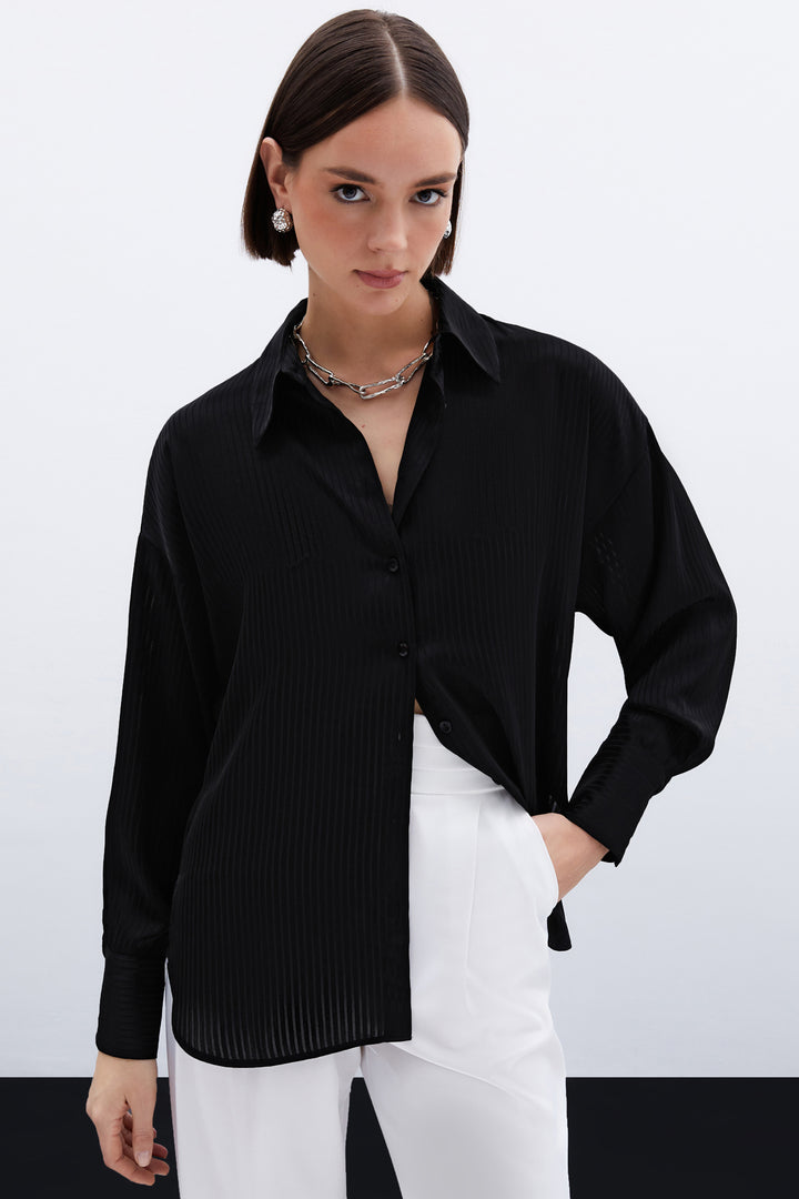 Sateen Chemise à Rayures Texturées - Noir