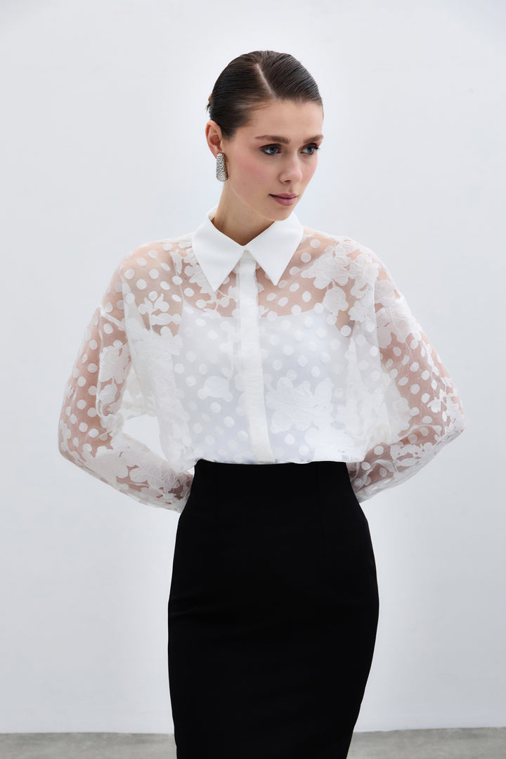Sateen Chemise à Motifs - Écru