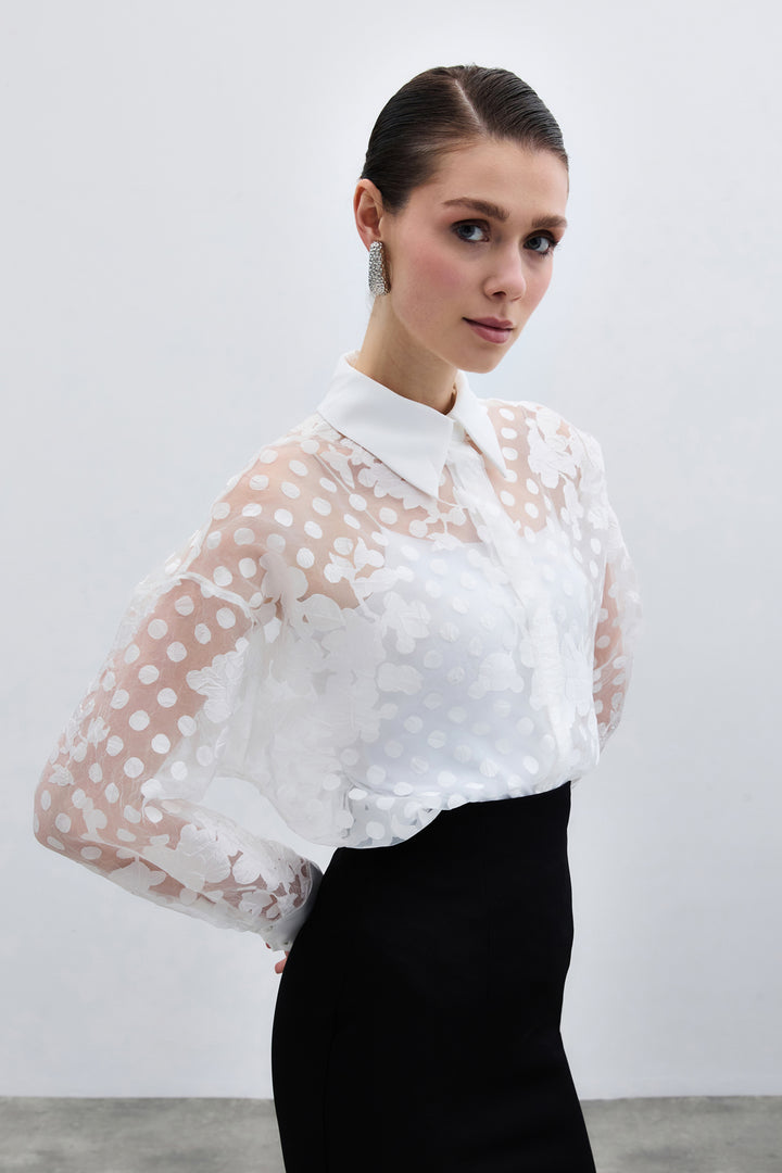 Sateen Chemise à Motifs - Écru