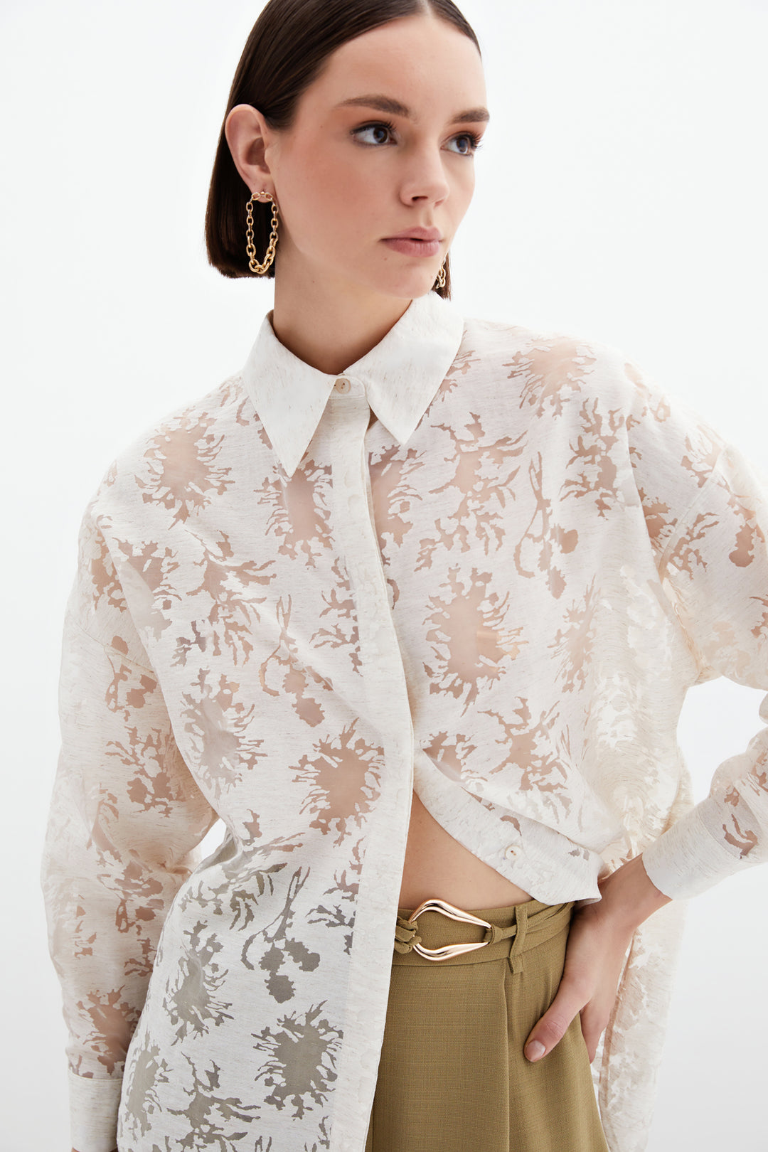 Sateen Chemise ample à motif ton sur ton - Crème