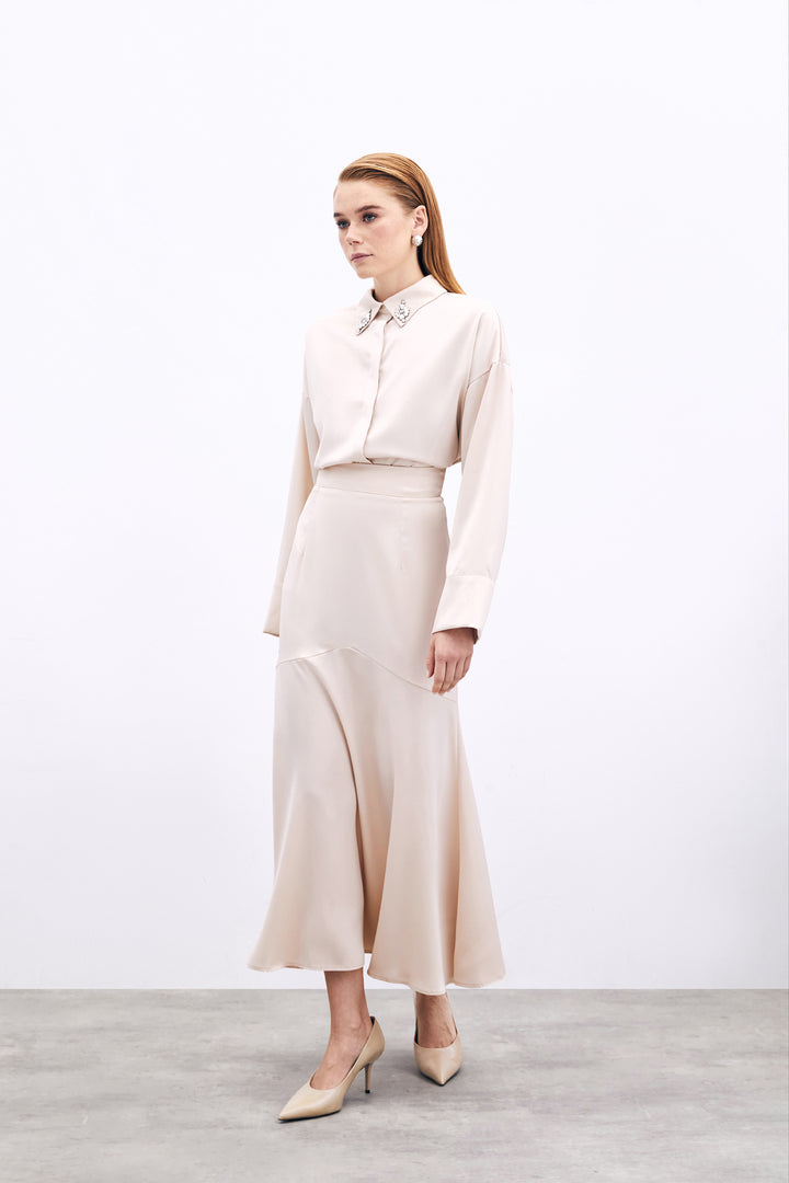Sateen Jupe satinée avec détail coupé - Beige