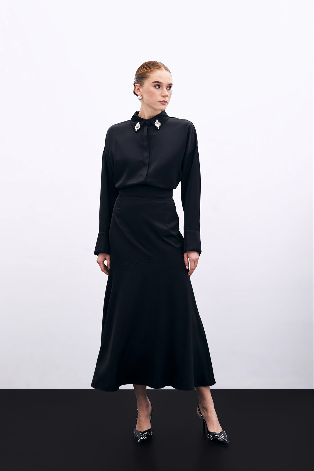 Sateen Jupe satinée avec détail coupé - Noir