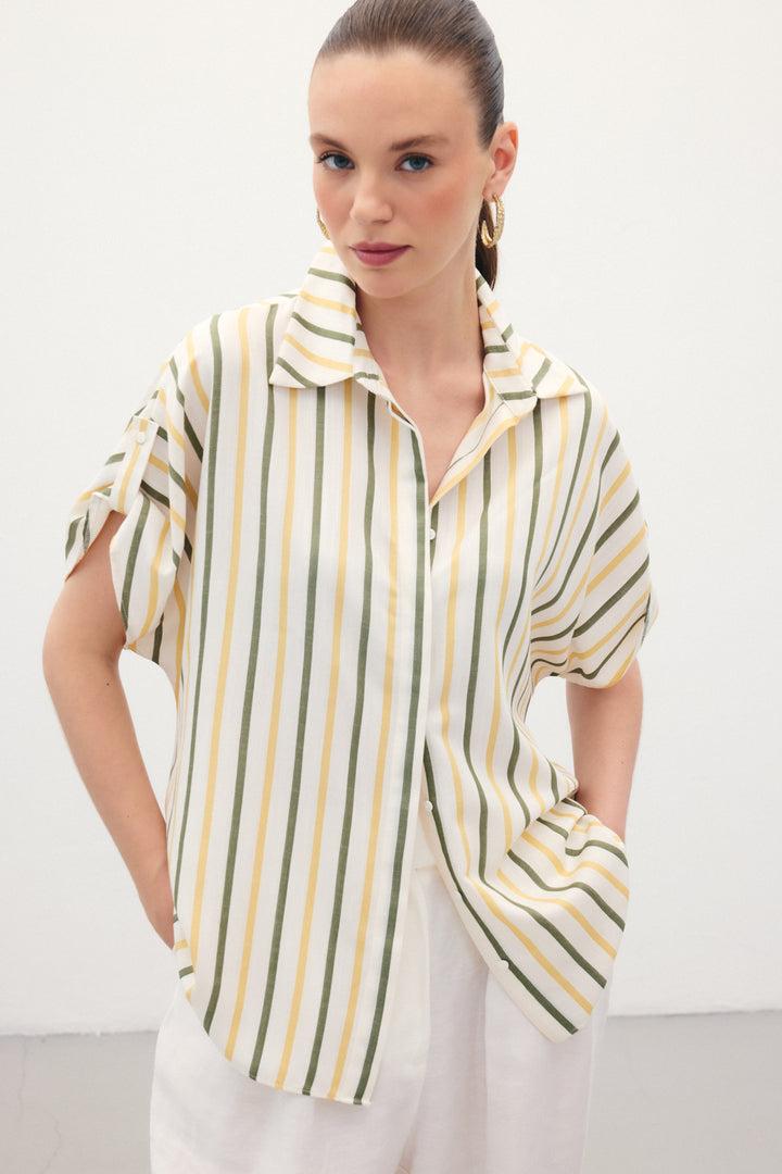 Sateen Chemise Rayée en Mélange de Lin - Kaki