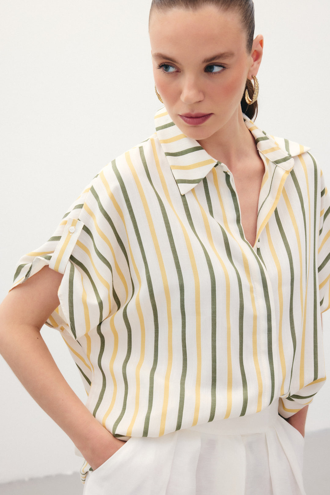 Sateen Chemise Rayée en Mélange de Lin - Kaki