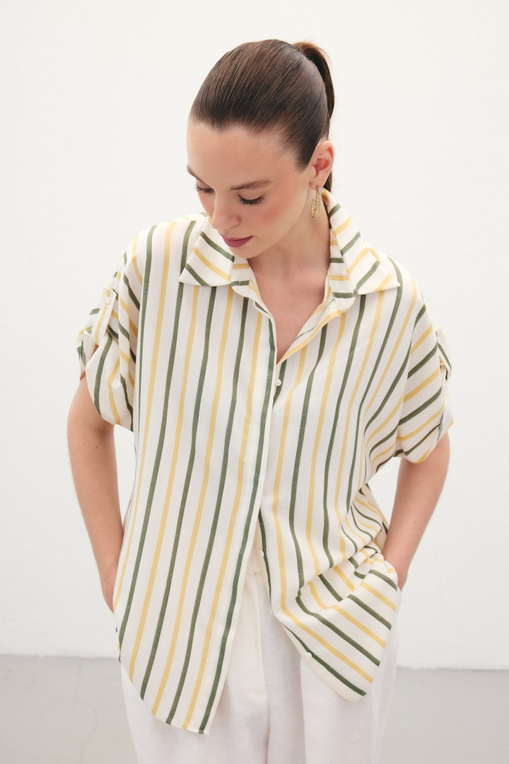 Sateen Chemise Rayée en Mélange de Lin - Kaki