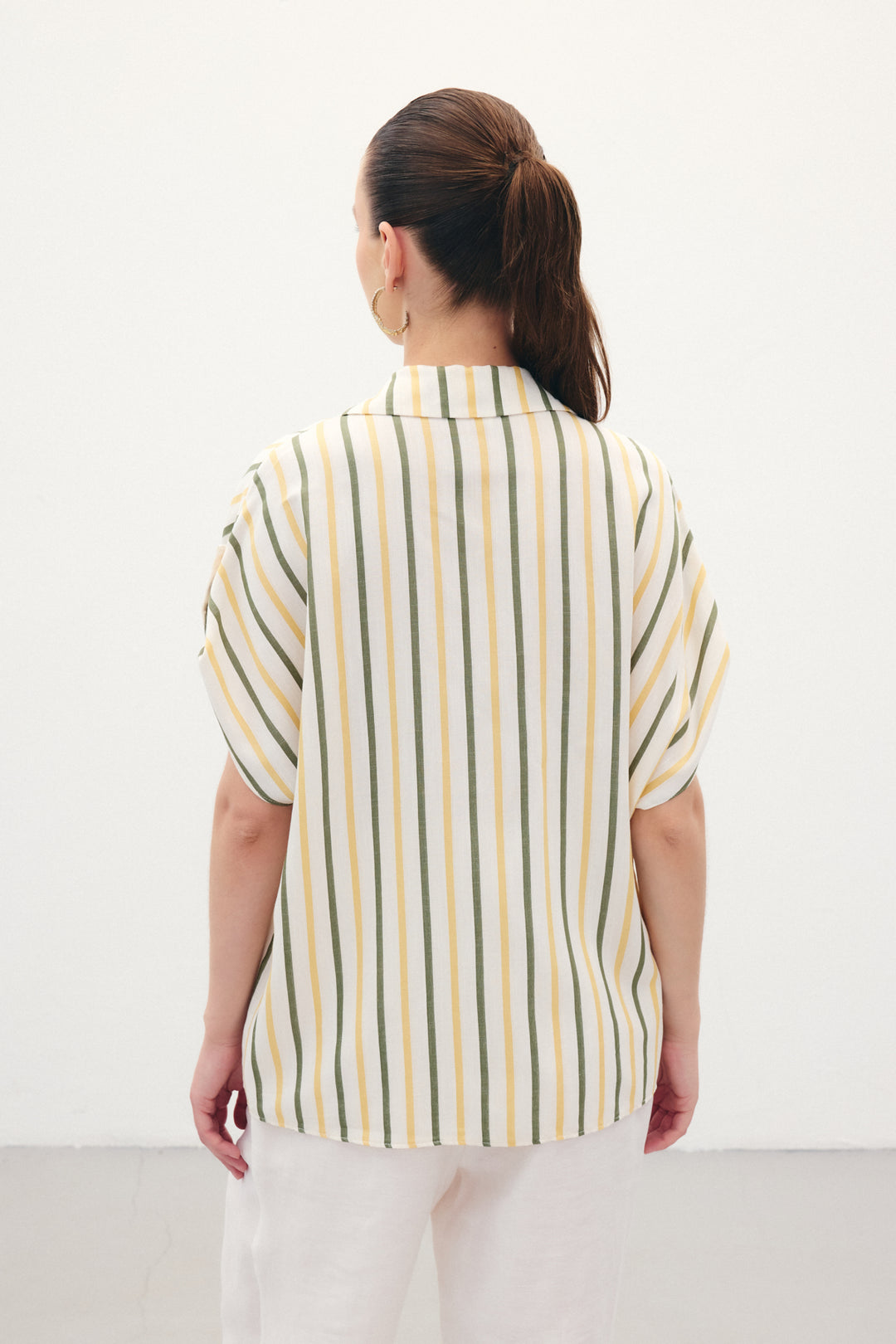 Sateen Chemise Rayée en Mélange de Lin - Kaki