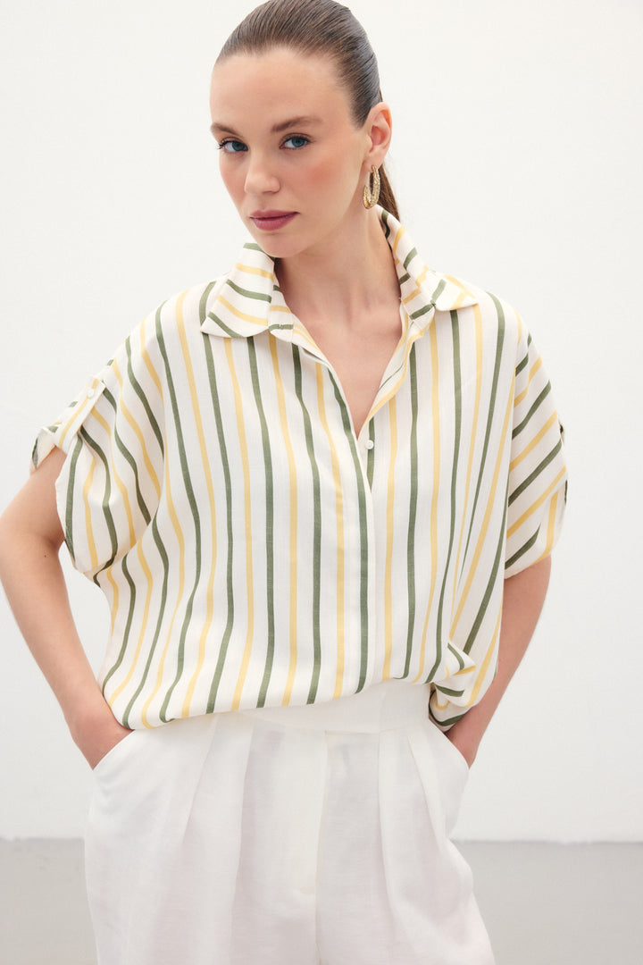 Sateen Chemise Rayée en Mélange de Lin - Kaki
