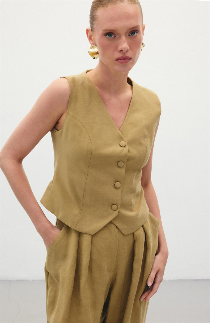 Sateen Gilet en Lin - Kaki