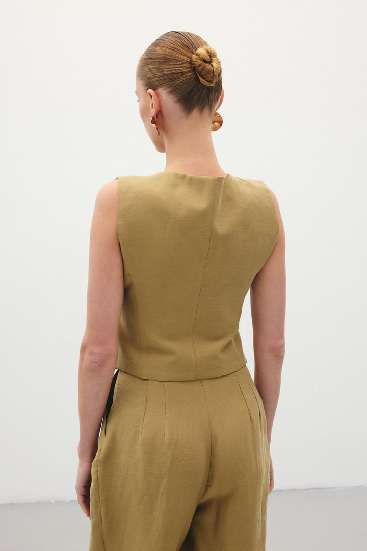 Sateen Gilet en Lin - Kaki