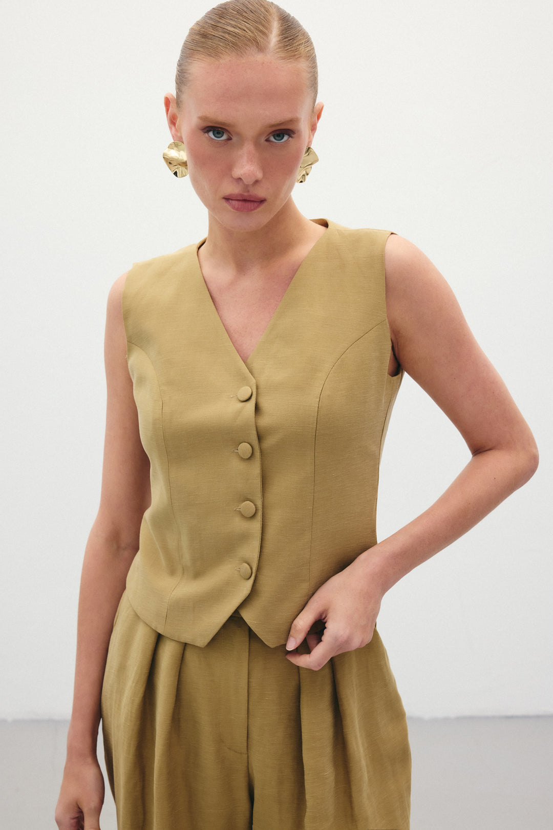 Sateen Gilet en Lin - Kaki