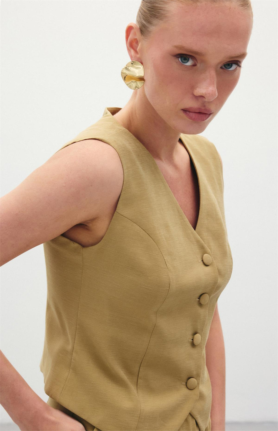 Sateen Gilet en Lin - Kaki