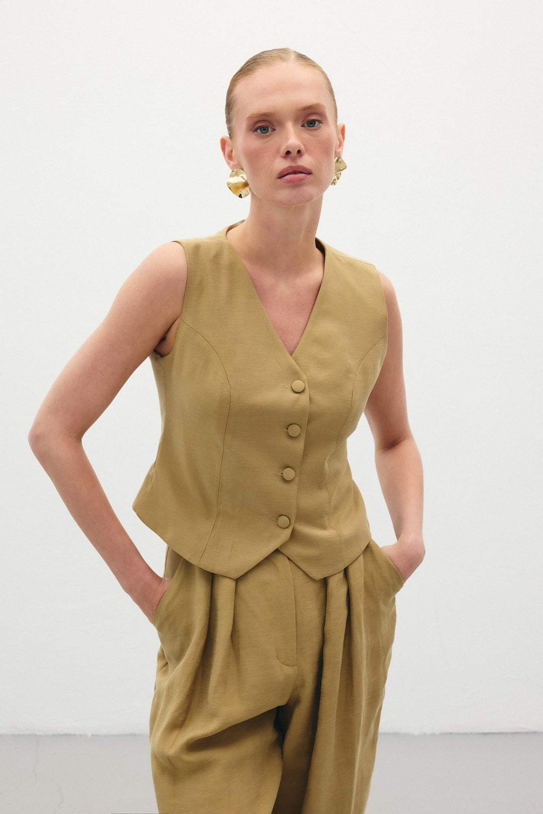 Sateen Gilet en Lin - Kaki