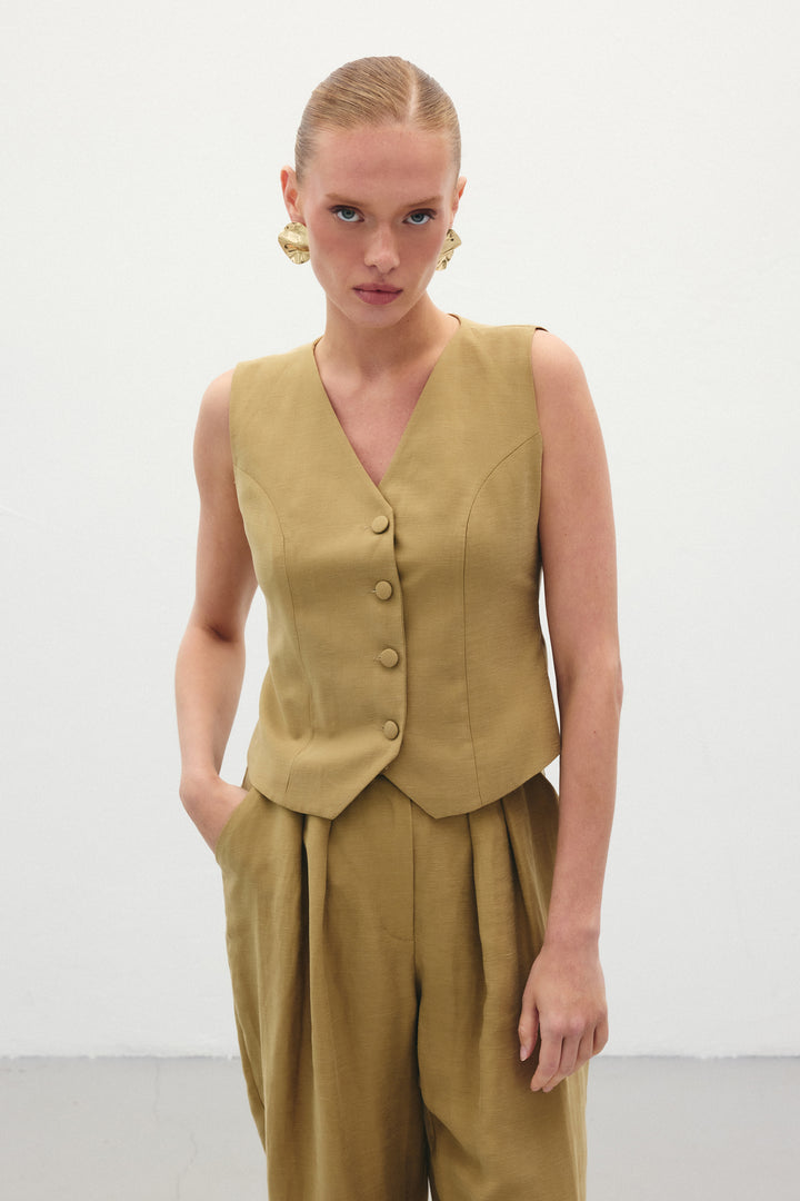 Sateen Gilet en Lin - Kaki