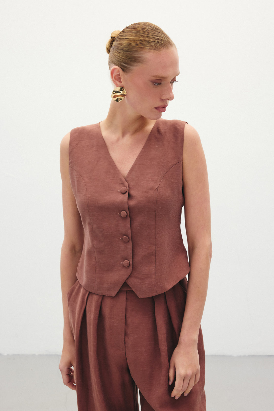 Sateen Gilet en lin - Marron
